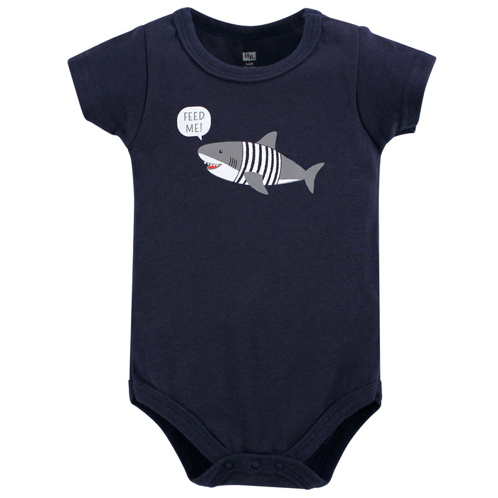 Hudson Baby Infant Boy Cotton Bodysuit, Shorts and Shoe 3 Piece Set, Blue Shark