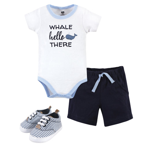 Hudson Baby Infant Boy Cotton Bodysuit, Shorts and Shoe 3 Piece Set, Whale Hello