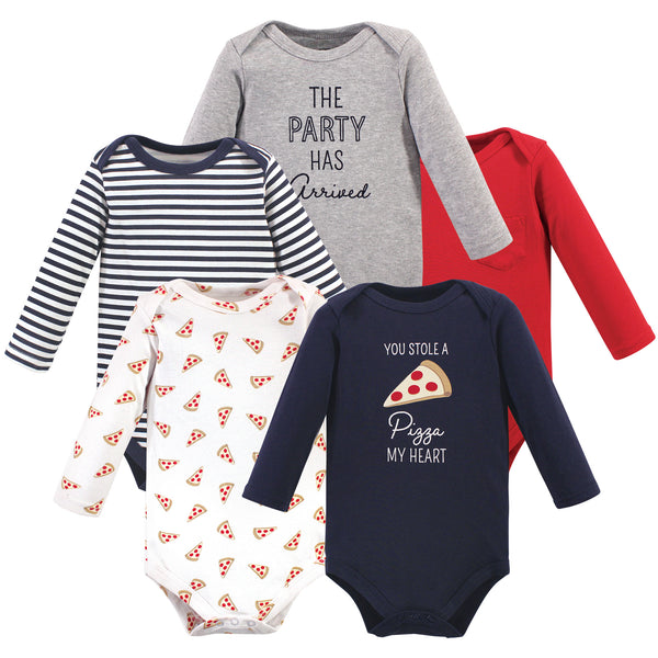 Hudson Baby Infant Boy Cotton Long-Sleeve Bodysuits 5 Pack, Pizza