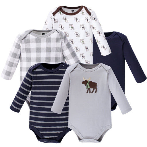 Hudson Baby Infant Boy Cotton Long-Sleeve Bodysuits 5 Pack, Gray Moose