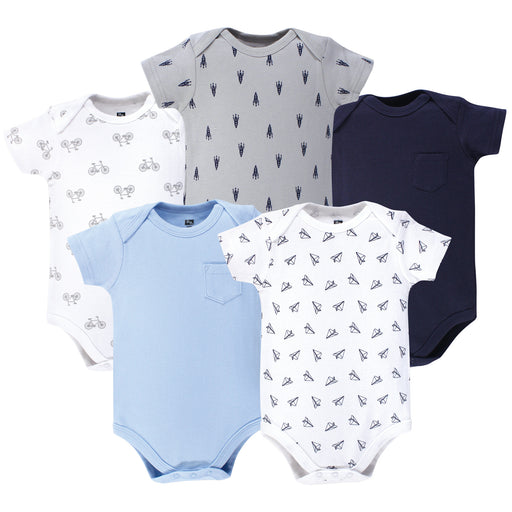Hudson Baby Infant Boy Cotton Bodysuits 5 Pack, Basic Paper Airplane