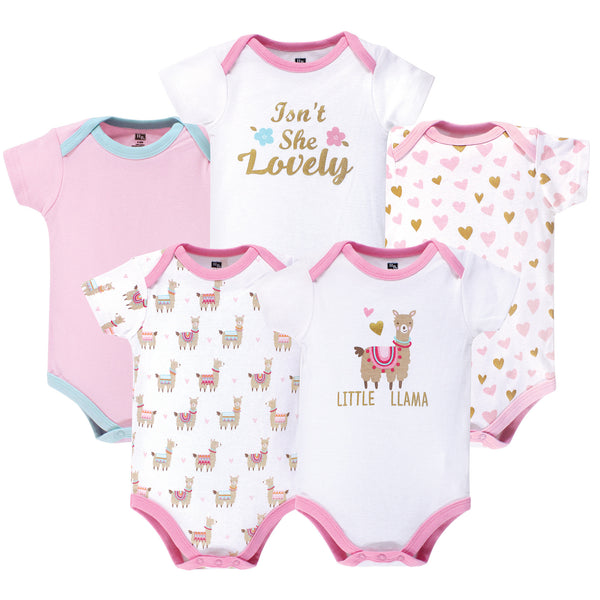 Hudson Baby Infant Girl Cotton Bodysuits 5 Pack, Little Llama