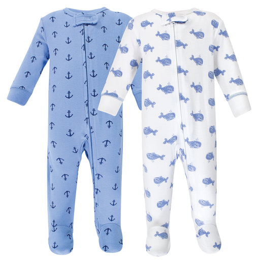 Hudson Baby Infant Boy Cotton Zipper Sleep and Play 2-Pack, Blue Whales