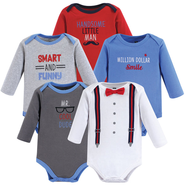 Hudson Baby Infant Boy Cotton Long-Sleeve Bodysuits 5 Pack, Mr Cool Dude