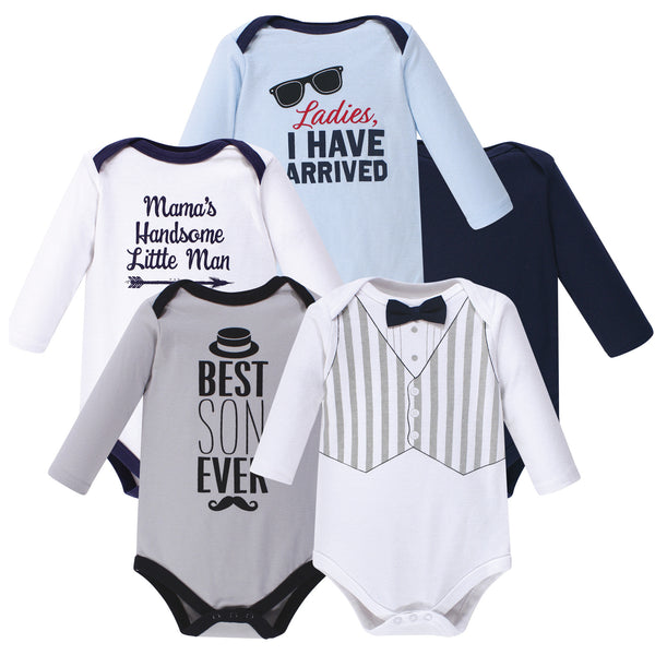 Hudson Baby Infant Boy Cotton Long-Sleeve Bodysuits 5 Pack, Handsome Little Man