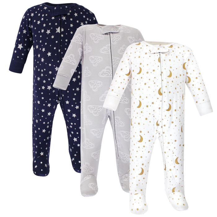 Hudson Baby Cotton Zipper Sleep and Play 3-Pack, Navy Stars Moons