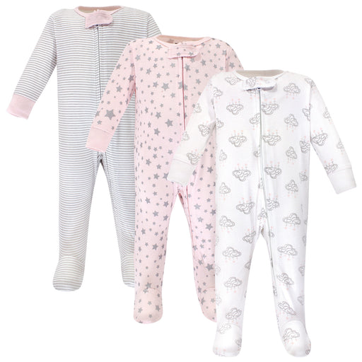 Hudson Baby Infant Girl Cotton Zipper Sleep and Play 3 Pack, Cloud Pink