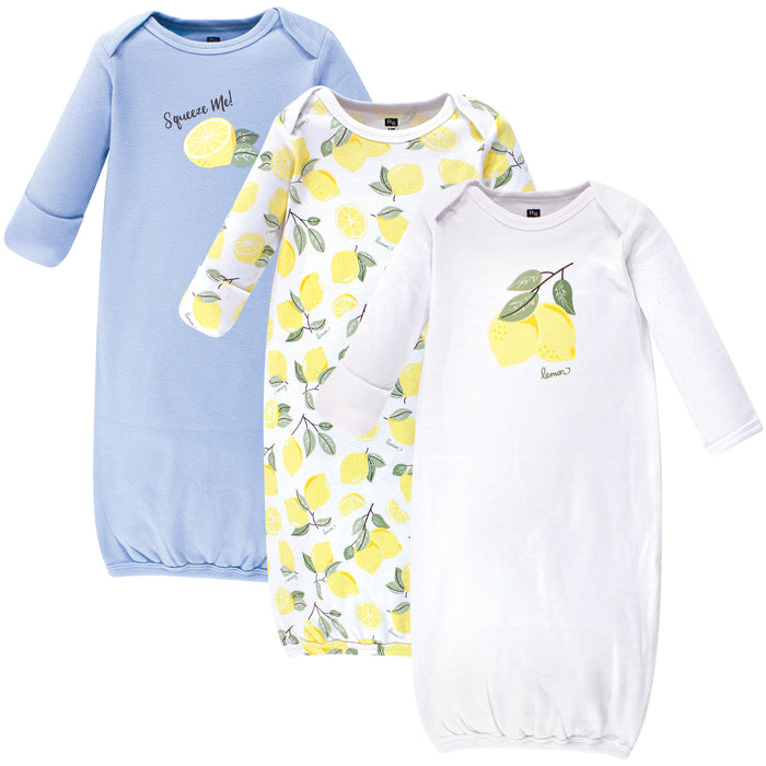 Hudson Baby Infant Girl Cotton Long-Sleeve Gowns 3 Pack, Lemon 0-6 Months