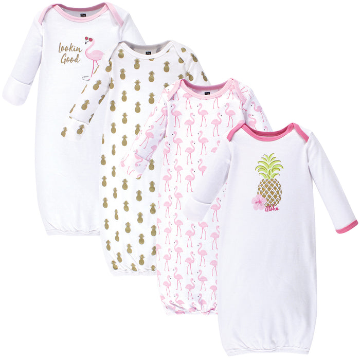 Hudson Baby Infant Girl Cotton Long-Sleeve Gowns 4 Pack, Pineapple 0-6 Months