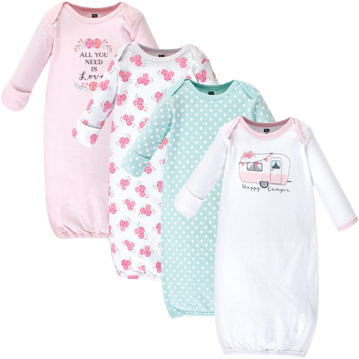 Hudson Baby Infant Girl Cotton Long-Sleeve Gowns 4 Pack, Pink Happy Camper