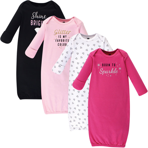 Hudson Baby Girl Cotton Gowns, Sparkle, Preemie/Newborn 4-Pack