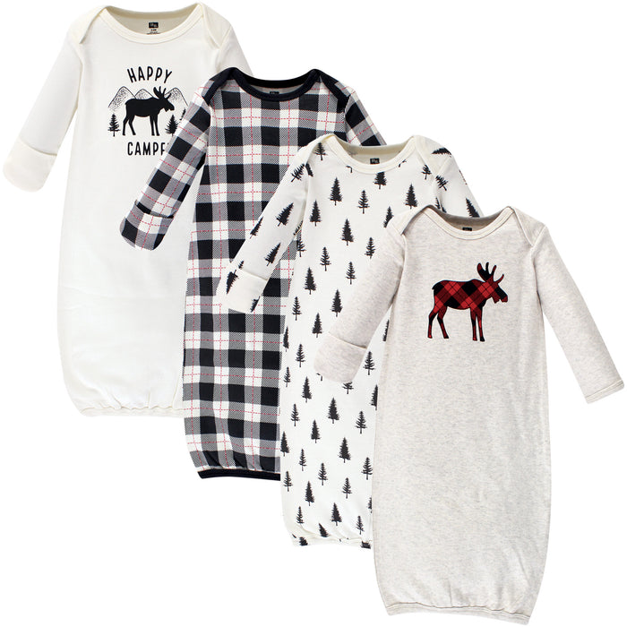 Hudson Baby 4-Pack Cotton Gowns, Moose, Preemie/Newborn