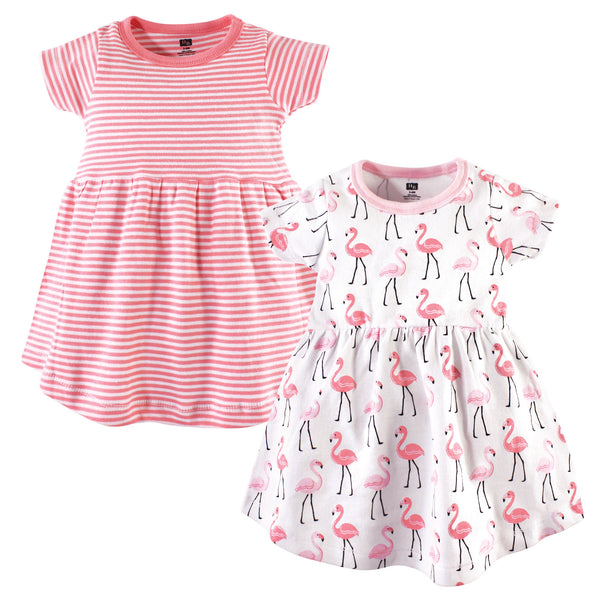 Hudson Baby Infant and Toddler Girl Cotton Short-Sleeve Dresses 2 Pack, Flamingos