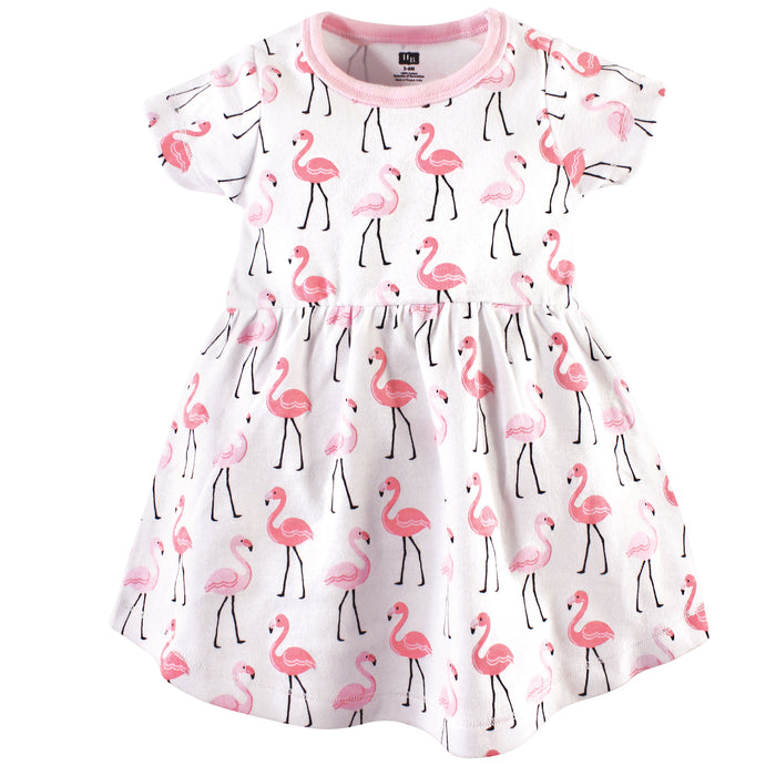 Hudson Baby Infant and Toddler Girl Cotton Short-Sleeve Dresses 2 Pack, Flamingos