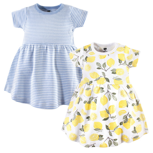 Hudson Baby Infant and Toddler Girl Cotton Short-Sleeve Dresses 2 Pack, Lemons