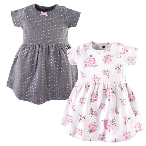 Hudson Baby Girls Cotton Short-Sleeve Dresses 2 Pack, Pink Gray Floral