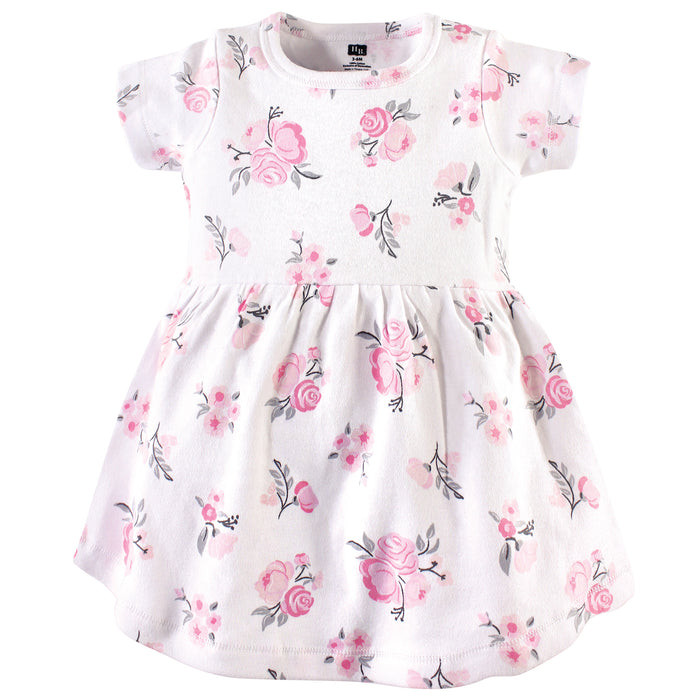 Hudson Baby Girls Cotton Short-Sleeve Dresses 2 Pack, Pink Gray Floral