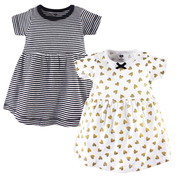 Hudson Baby Girls Cotton Short-Sleeve Dresses 2 Pack, Black Gold Heart