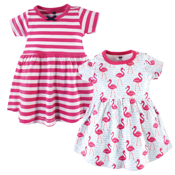 Hudson Baby Girls Cotton Short-Sleeve Dresses 2 Pack, Bright Flamingo