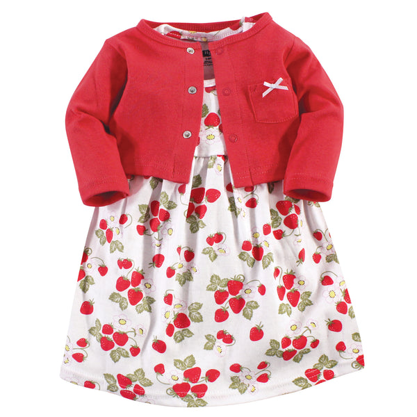 Hudson Baby Girls Cotton Dress and Cardigan 2 Piece Set, Strawberries