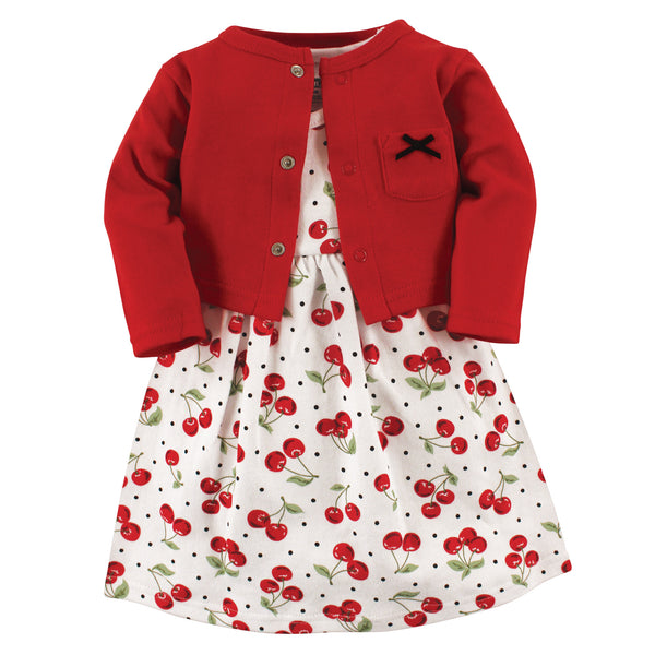 Hudson Baby Girls Cotton Dress and Cardigan 2 Piece Set, Cherries