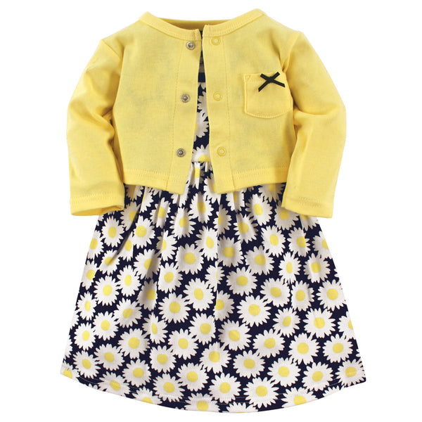 Hudson Baby Girls Cotton Dress and Cardigan 2 Piece Set, Daisy