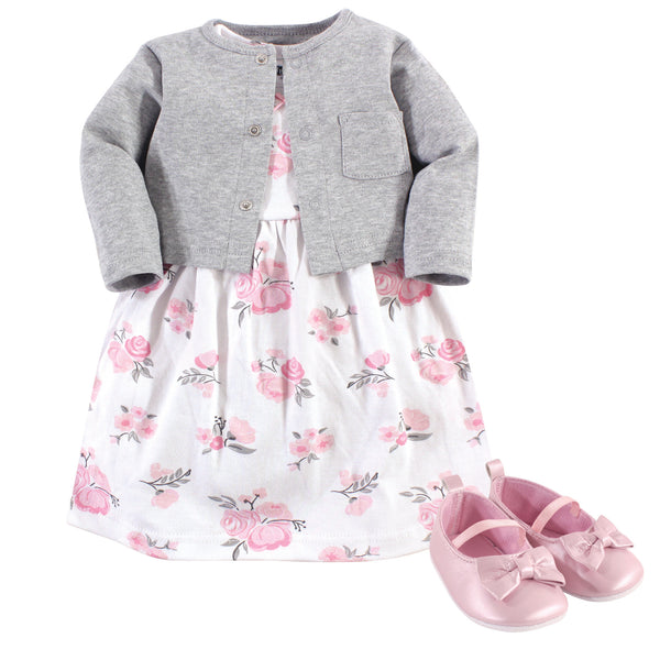 Hudson Baby Infant Girl Cotton Dress, Cardigan and Shoe 3 Piece Set, Pink Gray Floral