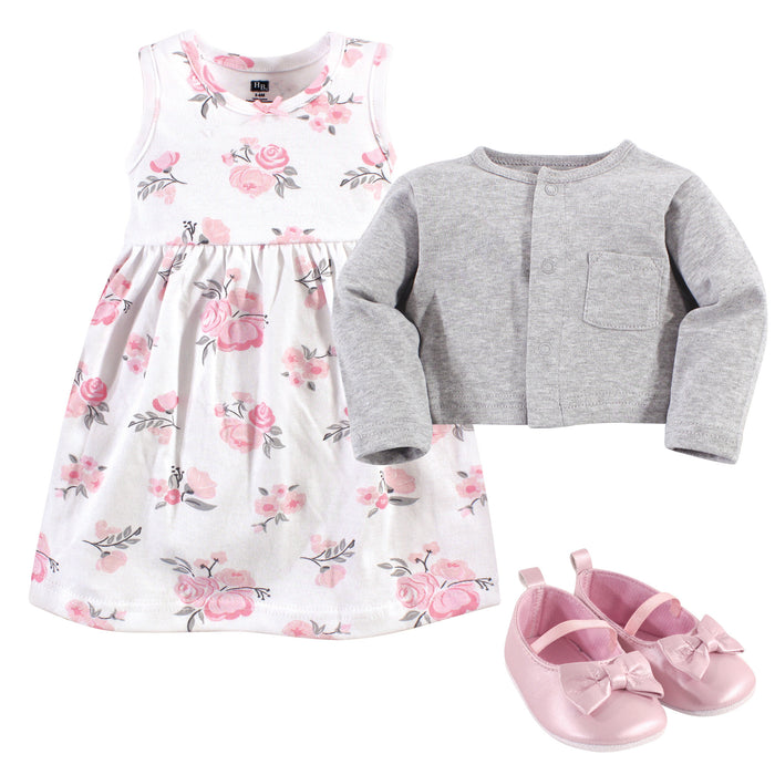 Hudson Baby Infant Girl Cotton Dress, Cardigan and Shoe 3 Piece Set, Pink Gray Floral