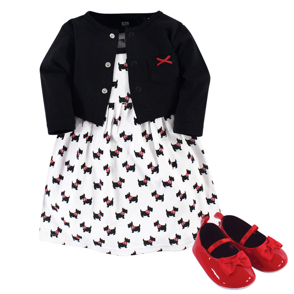 Hudson Baby Infant Girl Cotton Dress, Cardigan and Shoe 3-piece Set, Scottie Dog