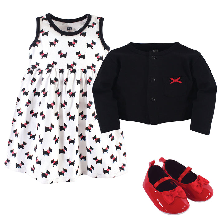Hudson Baby Infant Girl Cotton Dress, Cardigan and Shoe 3-piece Set, Scottie Dog