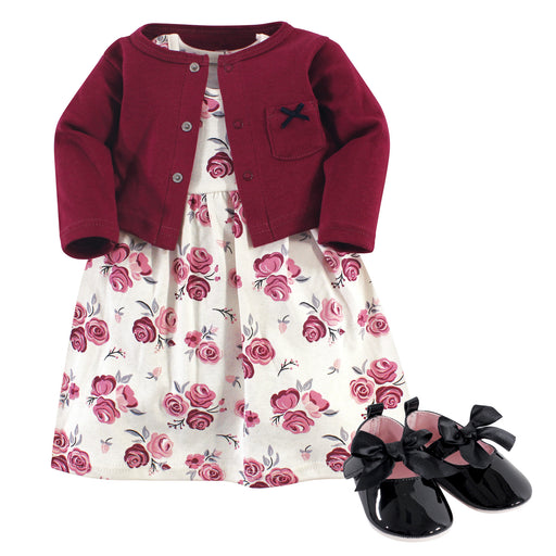 Hudson Baby Infant Girl Cotton Dress, Cardigan and Shoe 3-piece Set, Rose