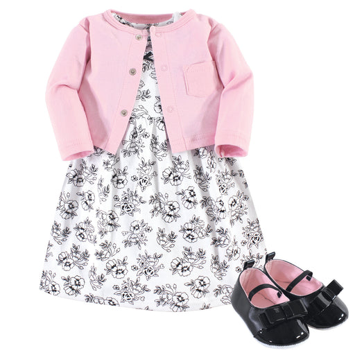 Hudson Baby Infant Girl Cotton Dress, Cardigan and Shoe 3-piece Set, Toile