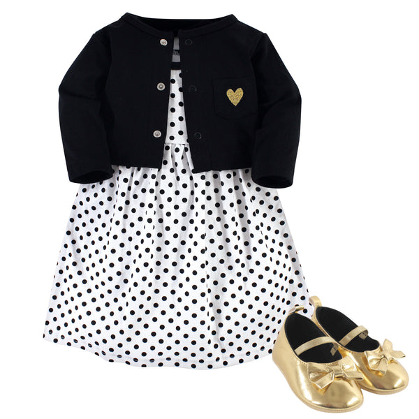 Hudson Baby Infant Girl Cotton Dress, Cardigan and Shoe 3 Piece Set, Black Dot