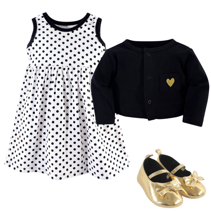 Hudson Baby Infant Girl Cotton Dress, Cardigan and Shoe 3 Piece Set, Black Dot