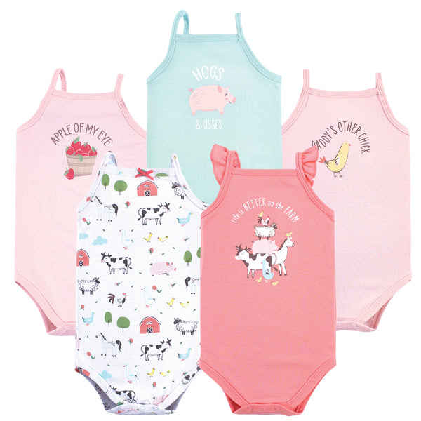 Hudson Baby Infant Girl Cotton Sleeveless Bodysuits, Girl Farm Animals