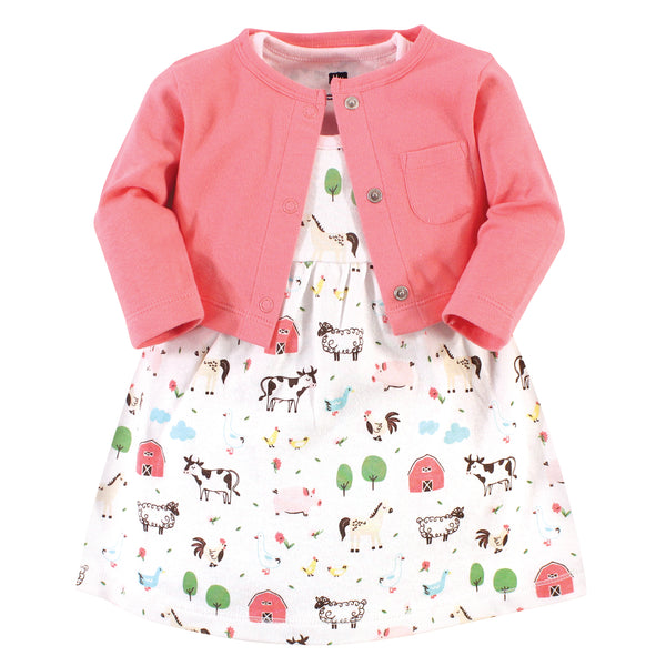 Hudson Baby Girls Cotton Dress and Cardigan 2 Piece Set, Farm Animals