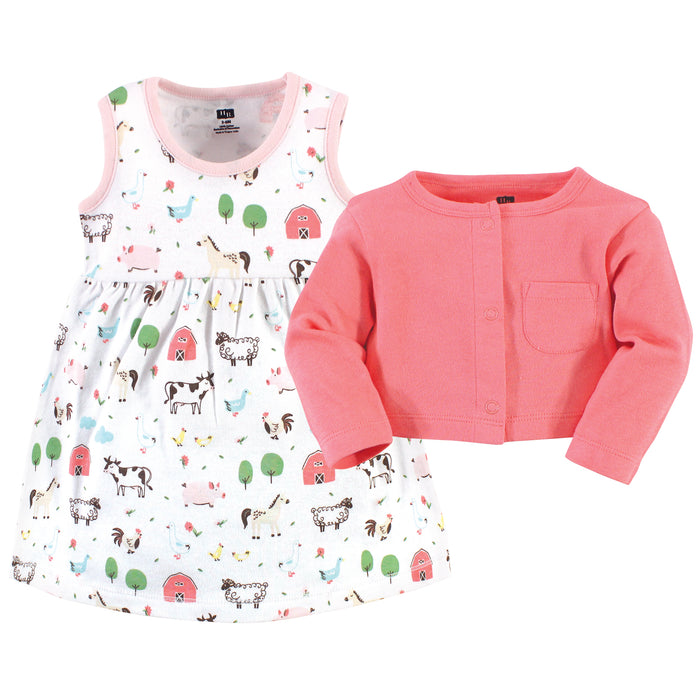 Hudson Baby Girls Cotton Dress and Cardigan 2 Piece Set, Farm Animals