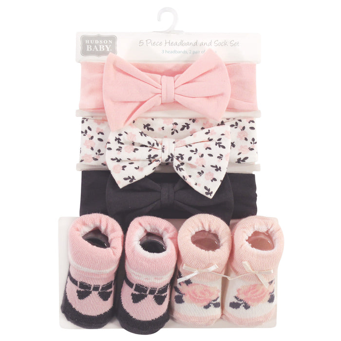 Hudson Baby Headband and Socks Set 5 Pack, Berry Floral, 0-9 Months
