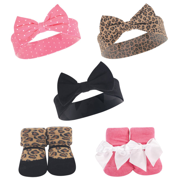 Hudson Baby Infant Girl Headband and Socks Set 5 Pack, Leopard, 0-9 Months