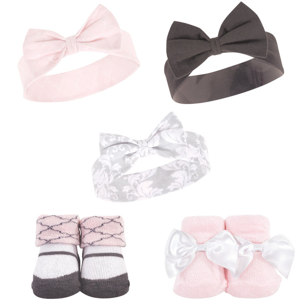 Hudson Baby Infant Girl Headband and Socks Set 5 Pack, Damask, 0-9 Months