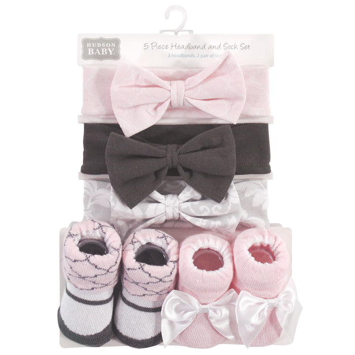 Hudson Baby Infant Girl Headband and Socks Set 5 Pack, Damask, 0-9 Months