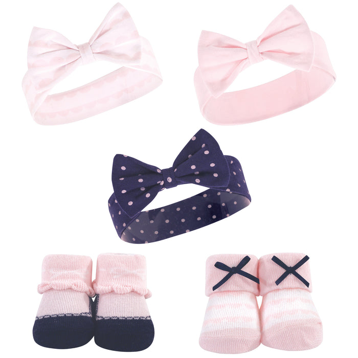 Hudson Baby Infant Girl Headband and Socks Set 5 Pack, Pink Polka Dot, 0-9 Months