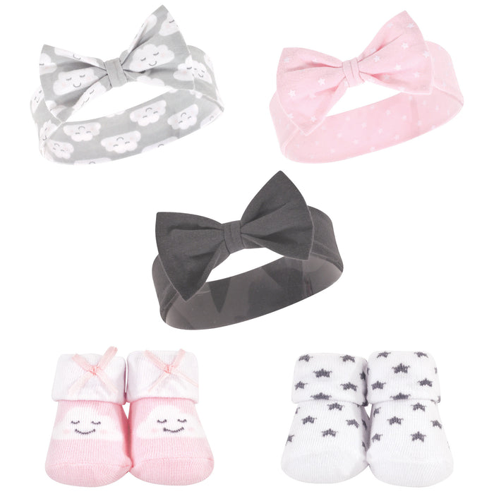 Hudson Baby Infant Girl Headband and Socks Set 5 Pack, Cloud, 0-9 Months