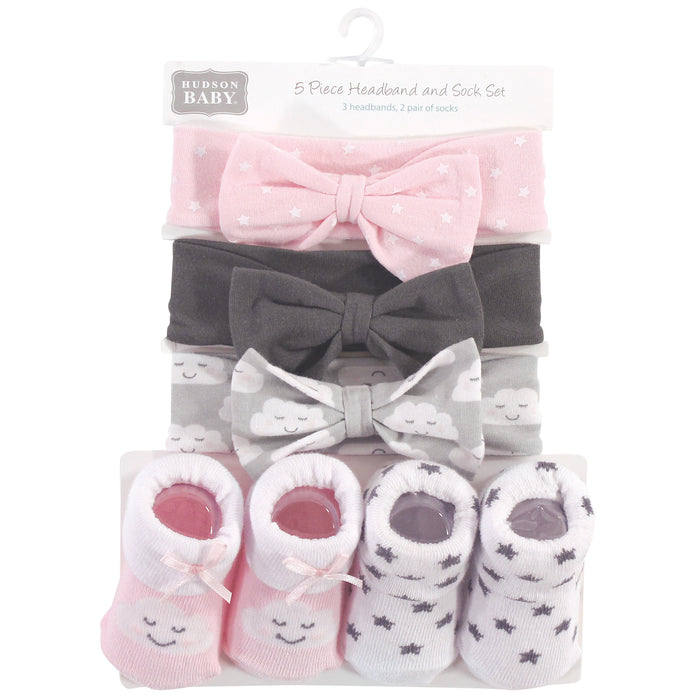 Hudson Baby Infant Girl Headband and Socks Set 5 Pack, Cloud, 0-9 Months