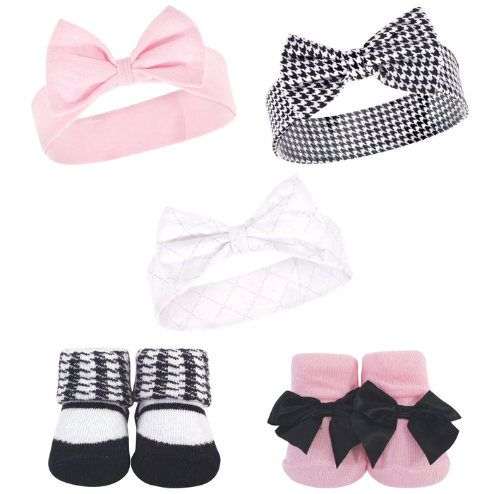 Hudson Baby Infant Girl Headband and Socks Set 5 Pack, Houndstooth, 0-9 Months