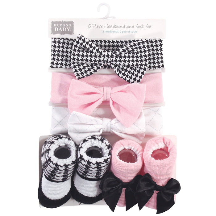 Hudson Baby Infant Girl Headband and Socks Set 5 Pack, Houndstooth, 0-9 Months