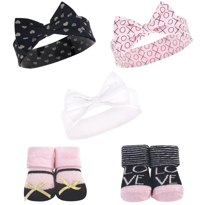 Hudson Baby Infant Girl Headband and Socks Set 5 Pack, Love, 0-9 Months