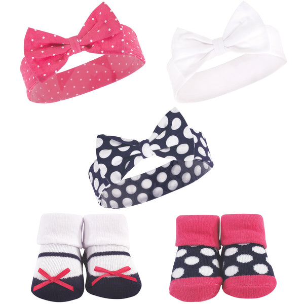 Hudson Baby Infant Girl Headband and Socks Set 5 Pack, Navy Pink Dot, 0-9 Months