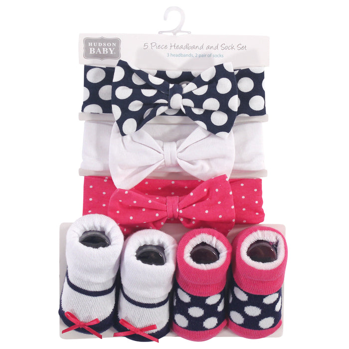 Hudson Baby Infant Girl Headband and Socks Set 5 Pack, Navy Pink Dot, 0-9 Months