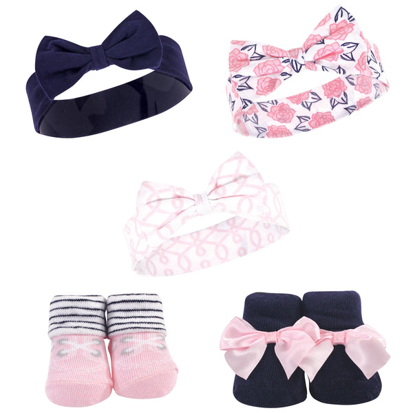 Hudson Baby Infant Girl Headband and Socks Set 5 Pack, Pink Nautical, 0-9 Months